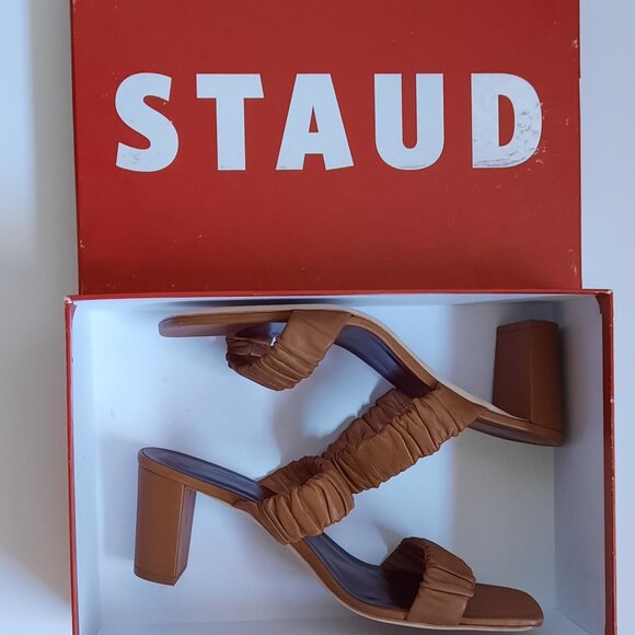 STAUD Brown/Tan Frankie Sandals Block Heels Slip-On - Picture 3 of 7